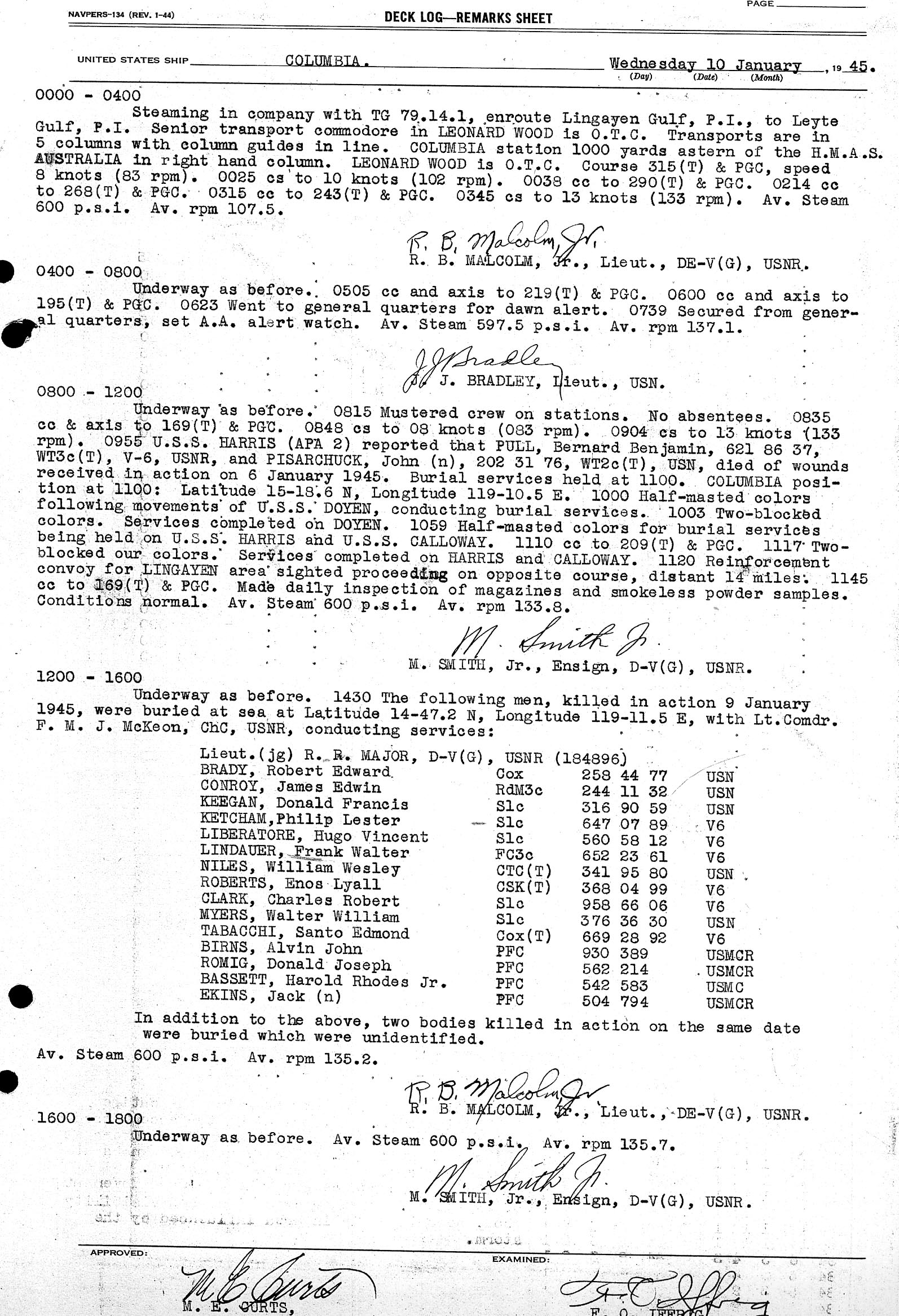 Deck Log for January 10, 1945