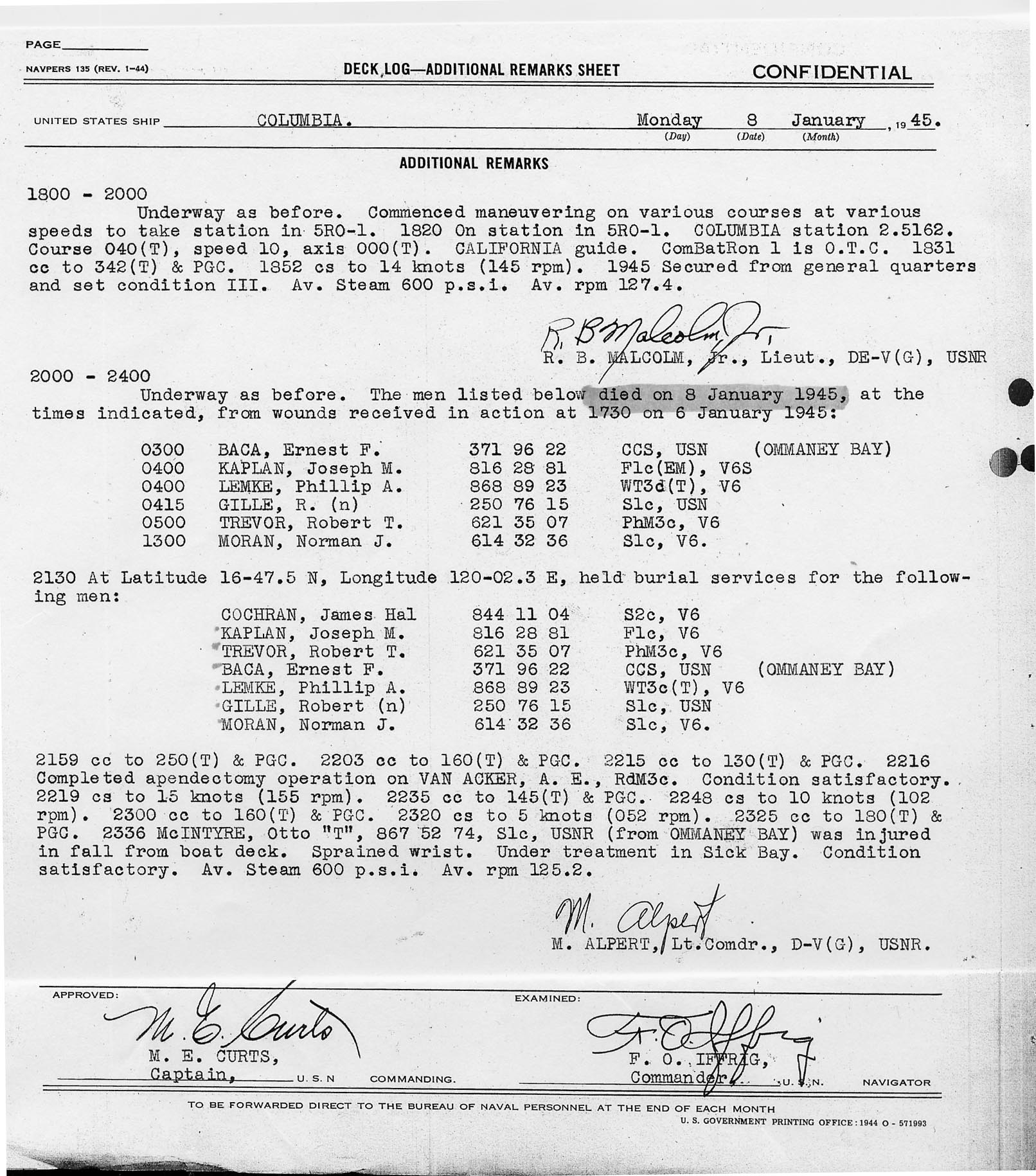 Deck Log Monday January 8, 1945