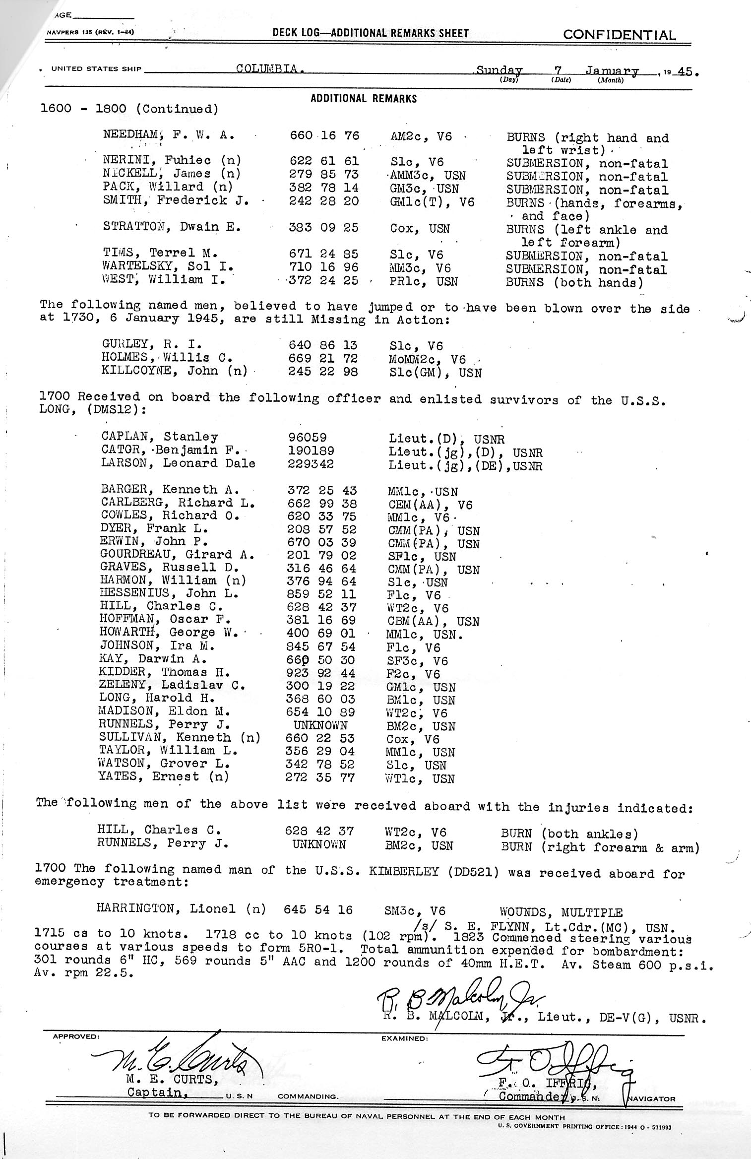 Deck Log January 7, 1945 sheet 2 of 3