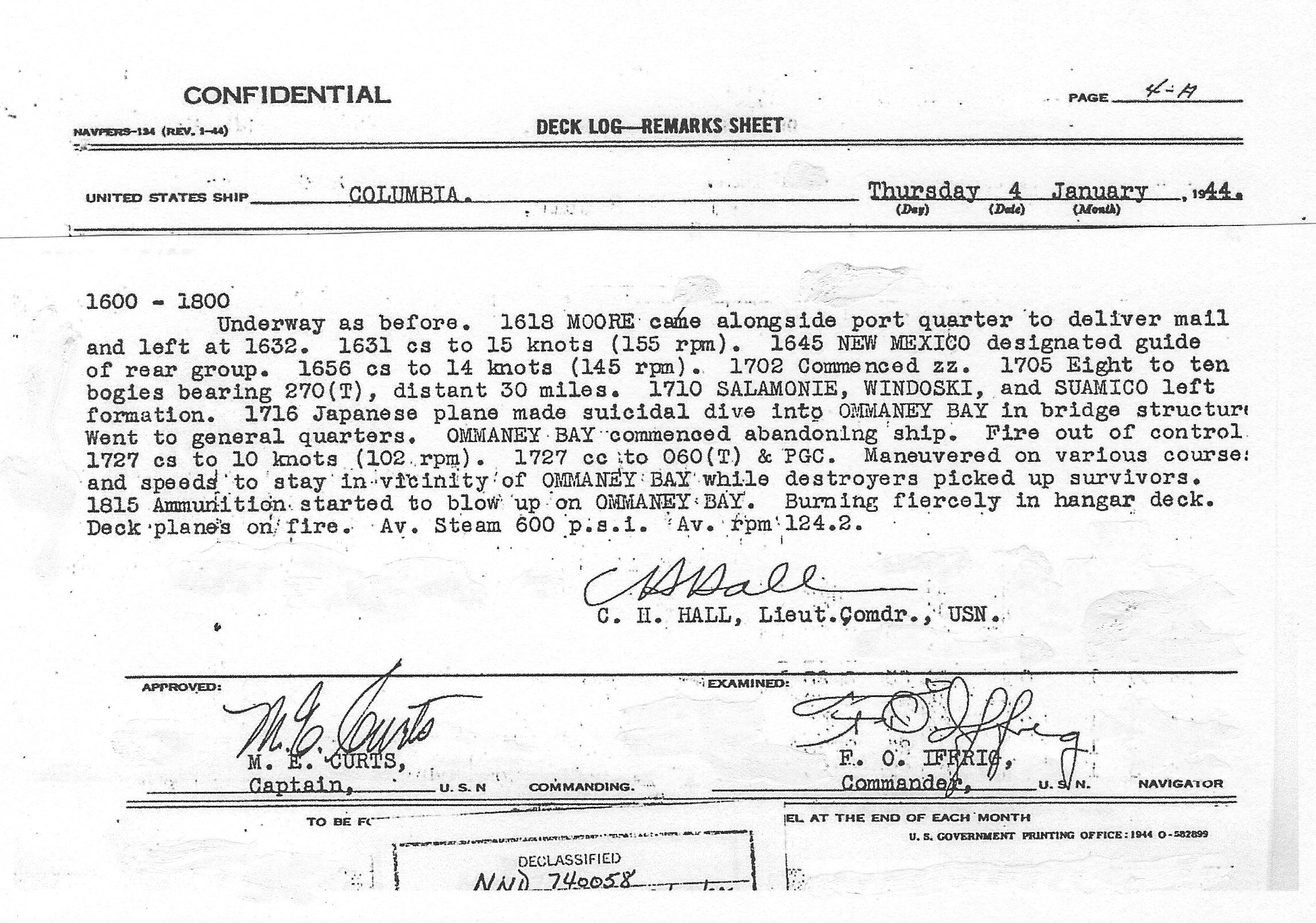 Jan 4, 1945 Deck Log