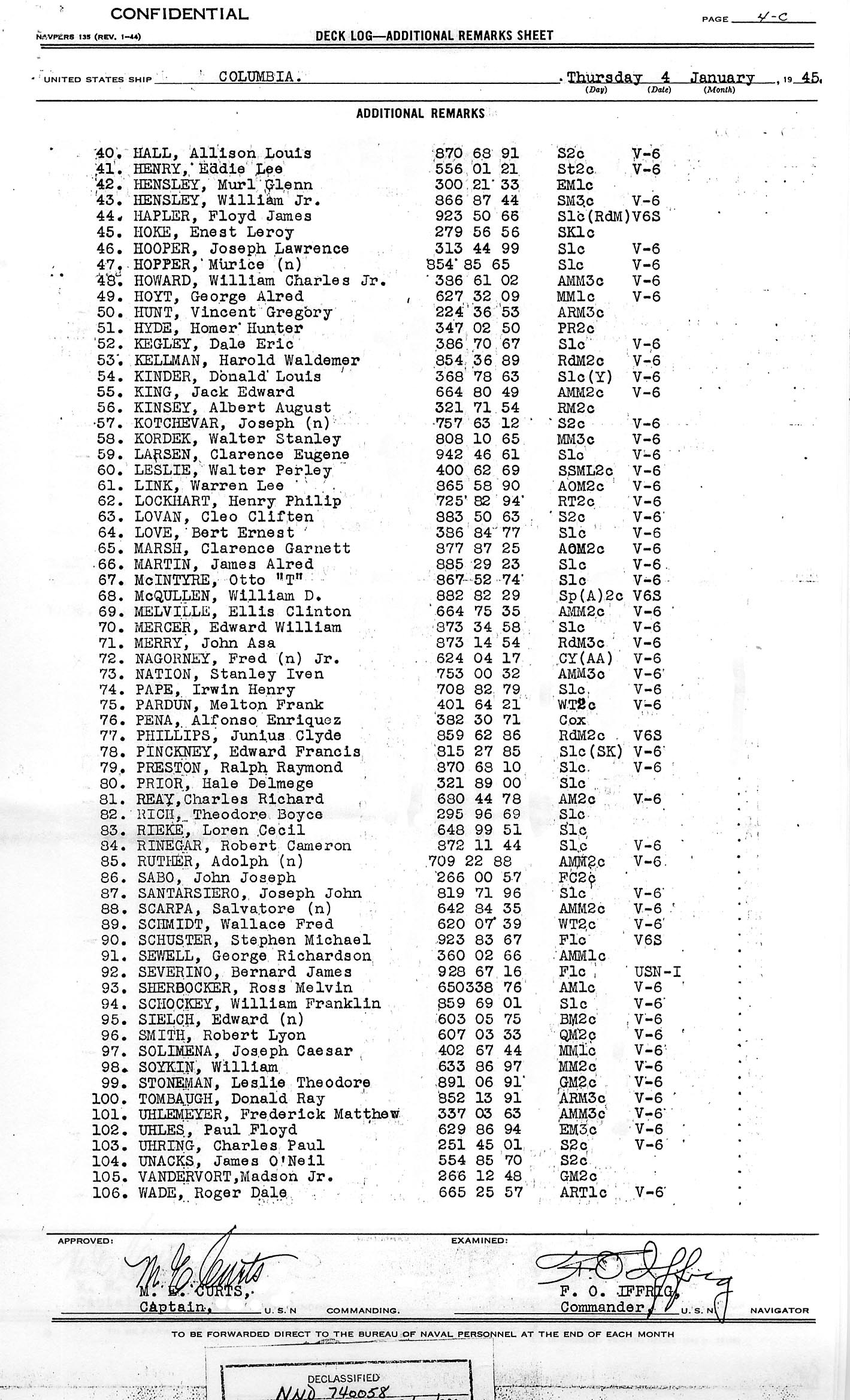 Deck Log Jan 4, 1945