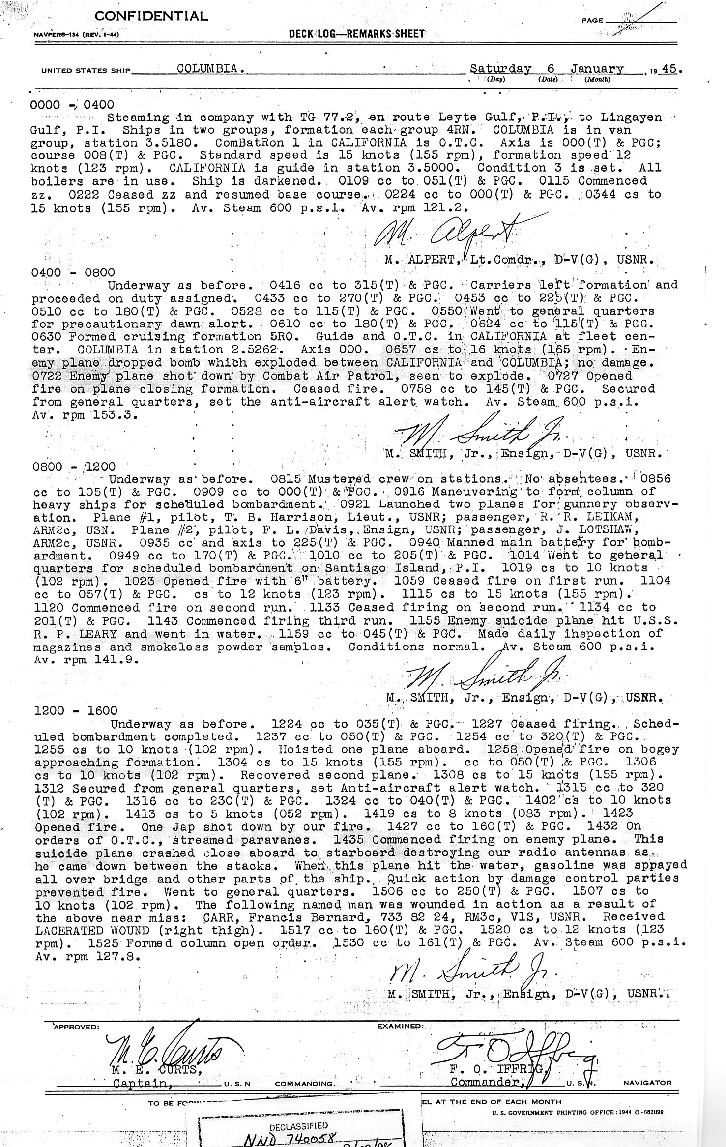 Deck Log January 6 1945 sheet 1