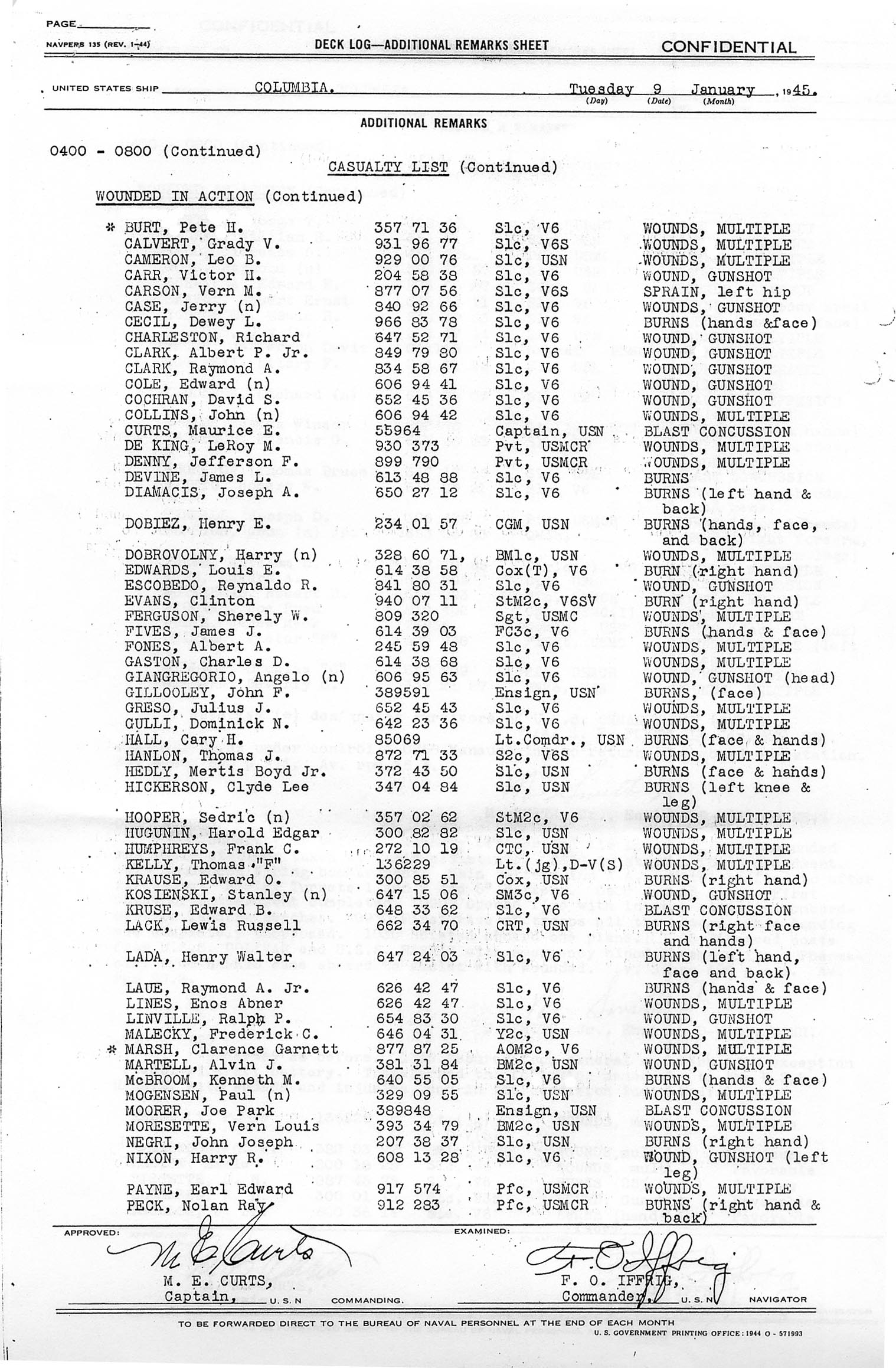 Deck Log January 9, 1945 sheet 2