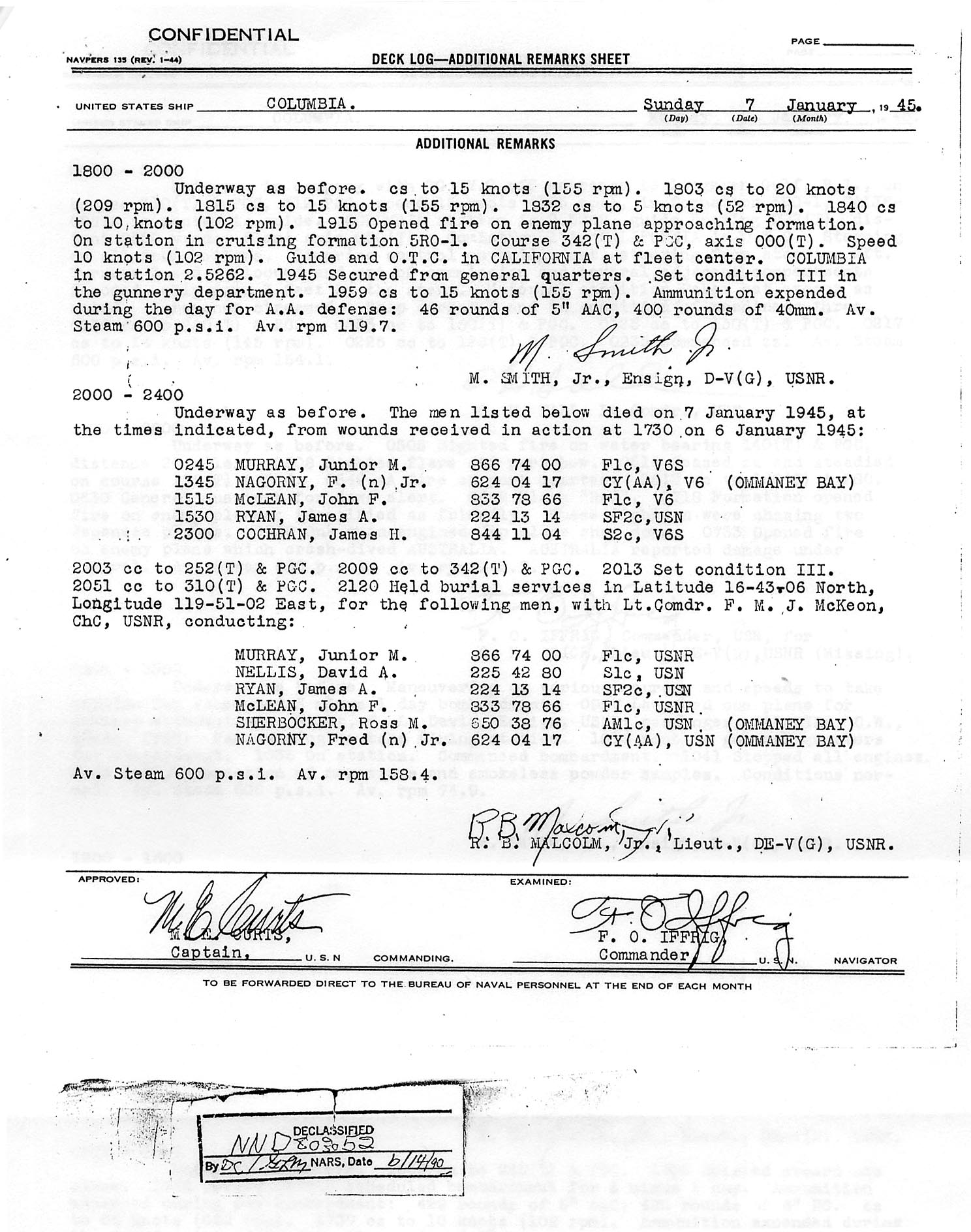 Men buried at sea Jan 7, 1945