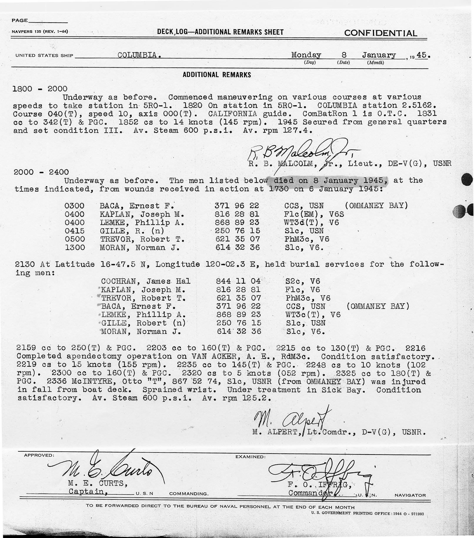 Men buried at sea Jan 8, 1945