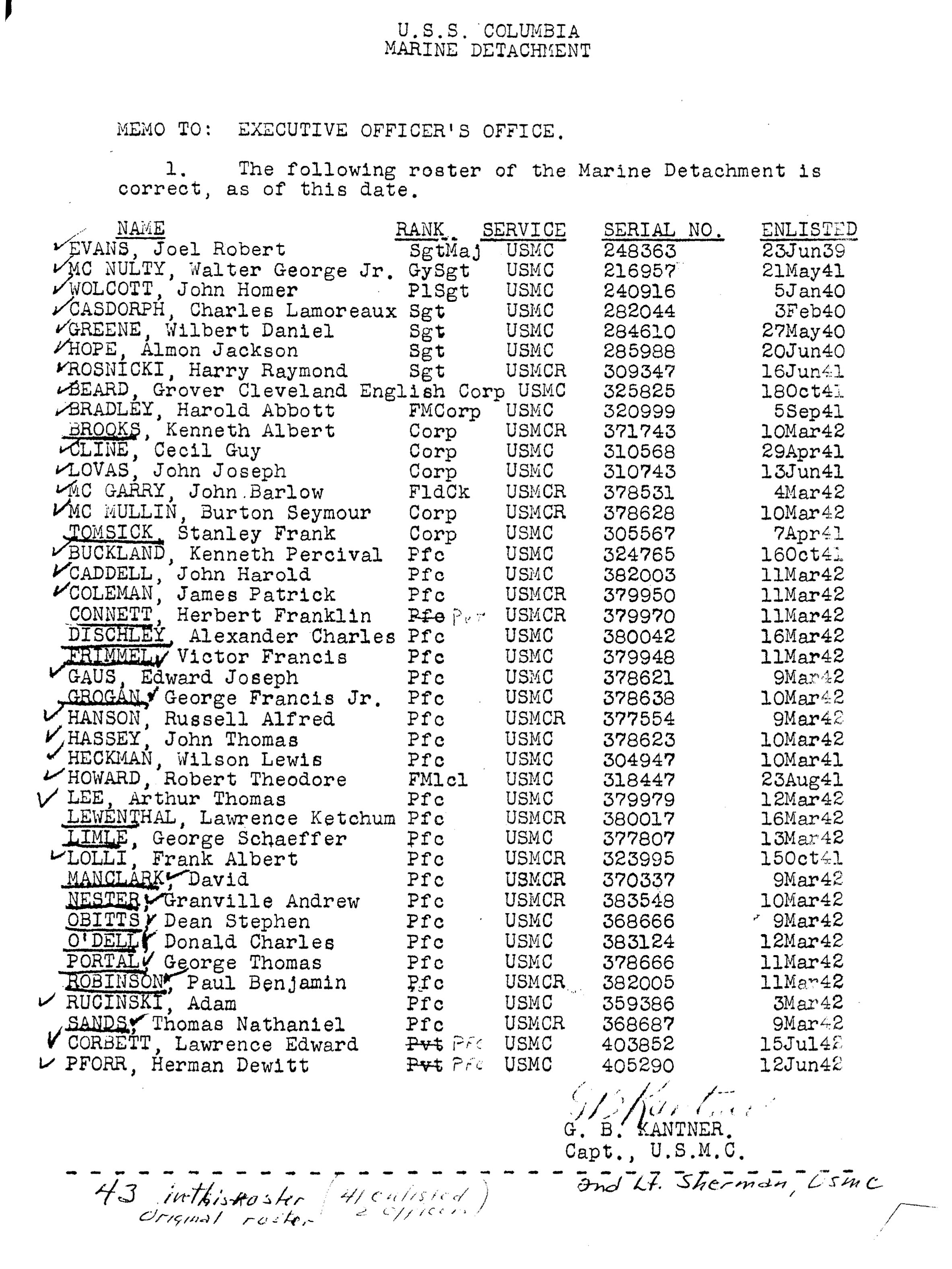 Roster of original Marine Detachment on Columbia